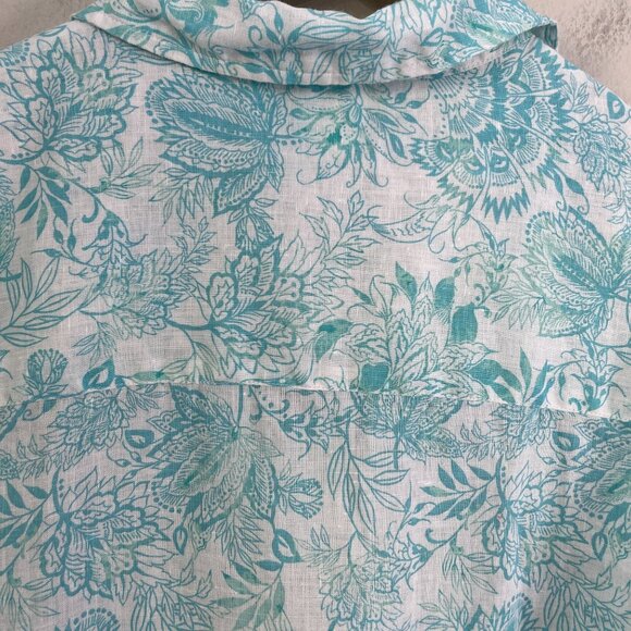 Sigrid Olsen Womens Plus 1X 100% Linen Side Button Top Floral Turquoise White - Picture 11 of 11